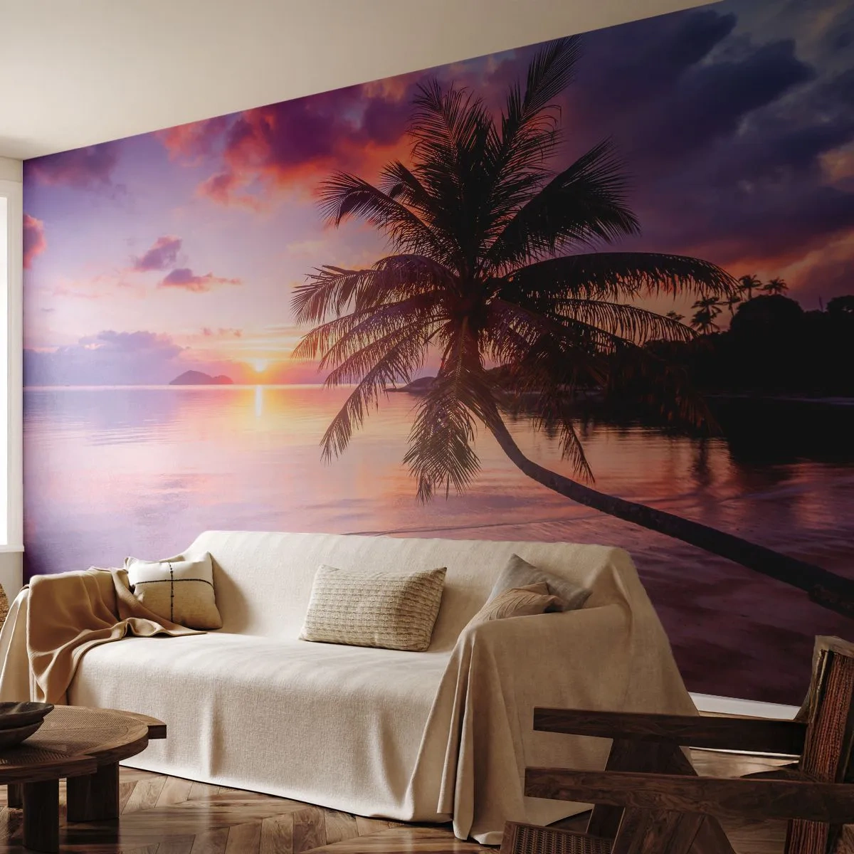 Fotomural Premium Sand - Playa de palmeras al atardecer - 100x70cm - Hermosura hasta el horizonte - Decoración de pared moderna para salón y dormitorio ARTTOR