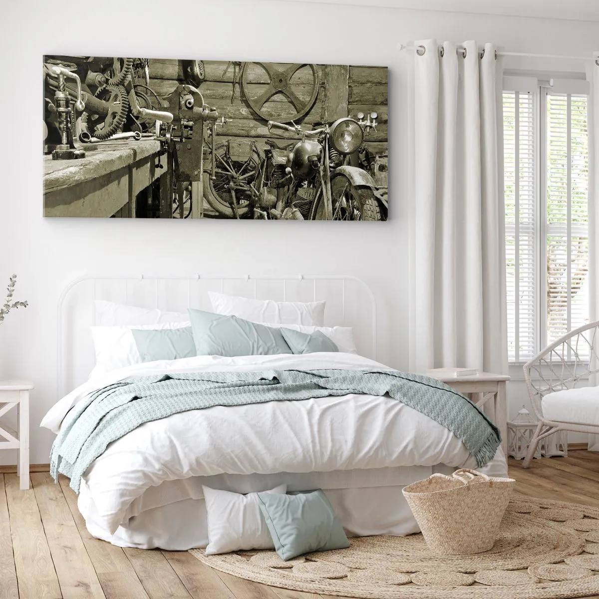 Cuadro sobre lienzo - Impresión de Imagen - Taller retro con motos y herramientas - 160x50cm - En el trastero del abuelo - Decoración de pared moderna para salón y dormitorio ARTTOR