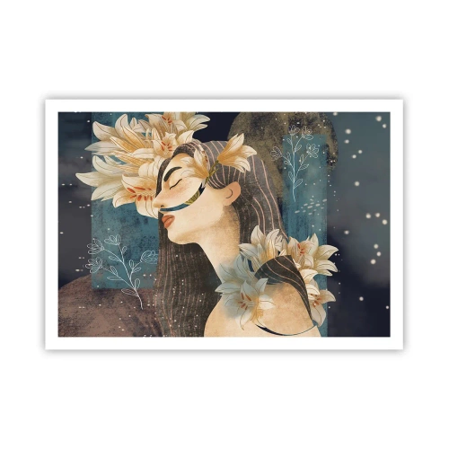 Póster - Retrato de una mujer con flores en estilo artístico sobre un fondo oscuro. - 100x70cm - Cuento de princesa con lirios - Decoración de pared moderna para salón y dormitorio ARTTOR