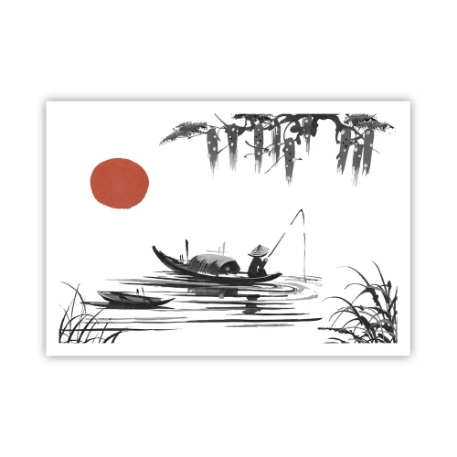 Póster - Paisaje oriental con un pescador en un barco y un sol rojo. - 100x70cm - Una tarde asiática - Decoración de pared moderna para salón y dormitorio ARTTOR