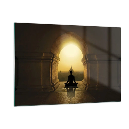 Cuadro sobre vidrio - Impresiones sobre Vidrio - Silueta de una persona meditando a la luz del sol poniente en un arco arquitectónico. - 120x80cm - Armonía total - Decoración de pared moderna para salón y dormitorio ARTTOR