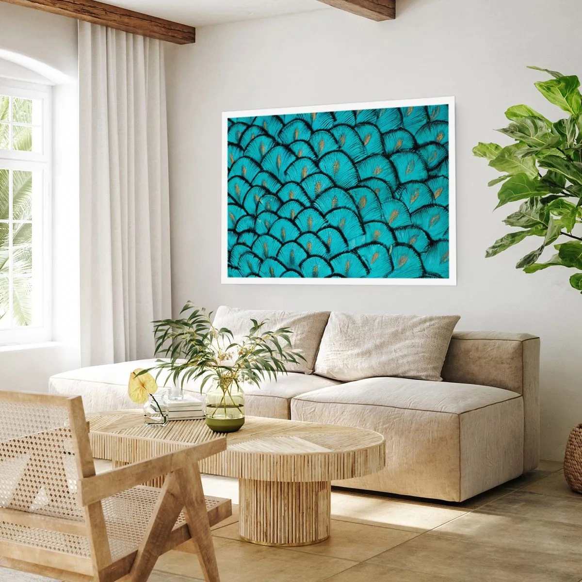 Póster - Un patrón que se asemeja a escamas turquesas con acentos dorados. - 100x70cm - La gran gala de las plumas - Decoración de pared moderna para salón y dormitorio ARTTOR