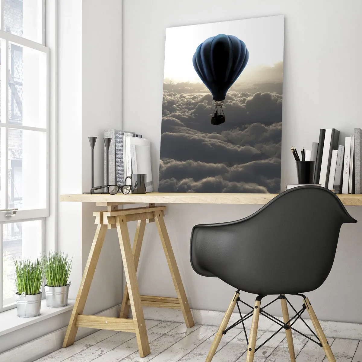 Cuadro sobre vidrio - Impresiones sobre Vidrio - Un globo aerostático contra un cielo con nubes al atardecer. - 70x100cm - Un viajero por encima de las nubes - Decoración de pared moderna para salón y dormitorio ARTTOR