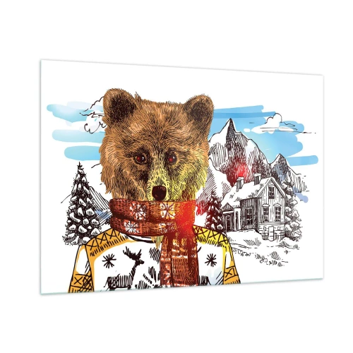 Cuadro sobre vidrio - Impresiones sobre Vidrio - Un oso con un suéter y una bufanda con montañas y una casa al fondo. - 100x70cm - Así paso yo el invierno - Decoración de pared moderna para salón y dormitorio ARTTOR