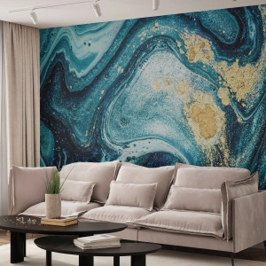 Fotomural Premium Sand - Composición abstracta en tonos azules y dorados. - 100x70cm - Vórtice azul - Decoración de pared moderna para salón y dormitorio ARTTOR