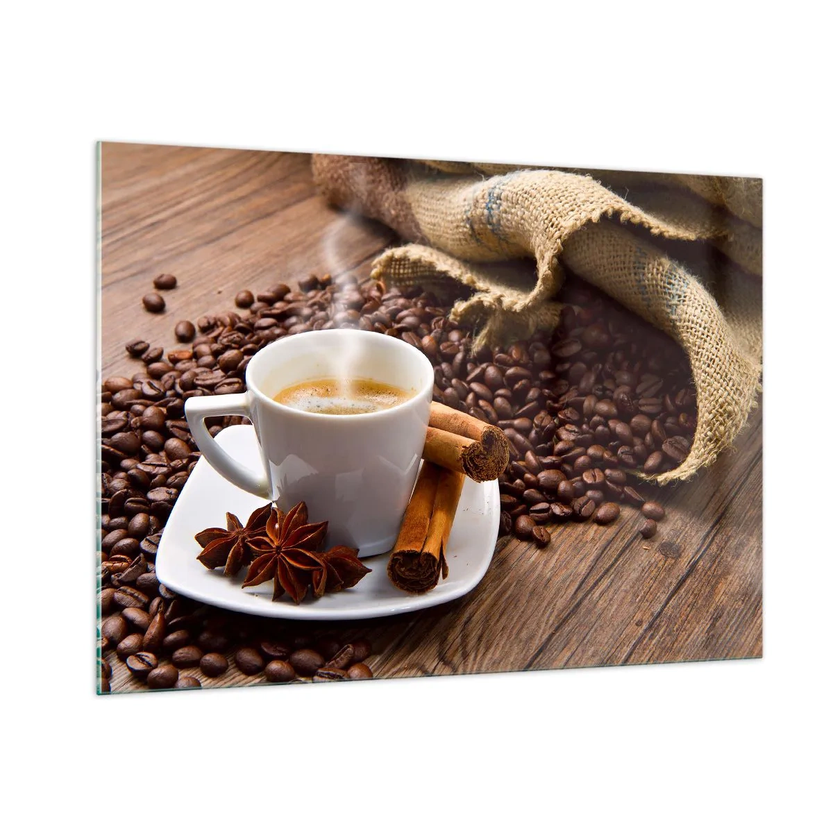 Cuadro sobre vidrio - Impresiones sobre Vidrio - Una taza de café con canela y granos de café sobre una mesa de madera. - 100x70cm - Sabor y aroma picante - Decoración de pared moderna para salón y dormitorio ARTTOR