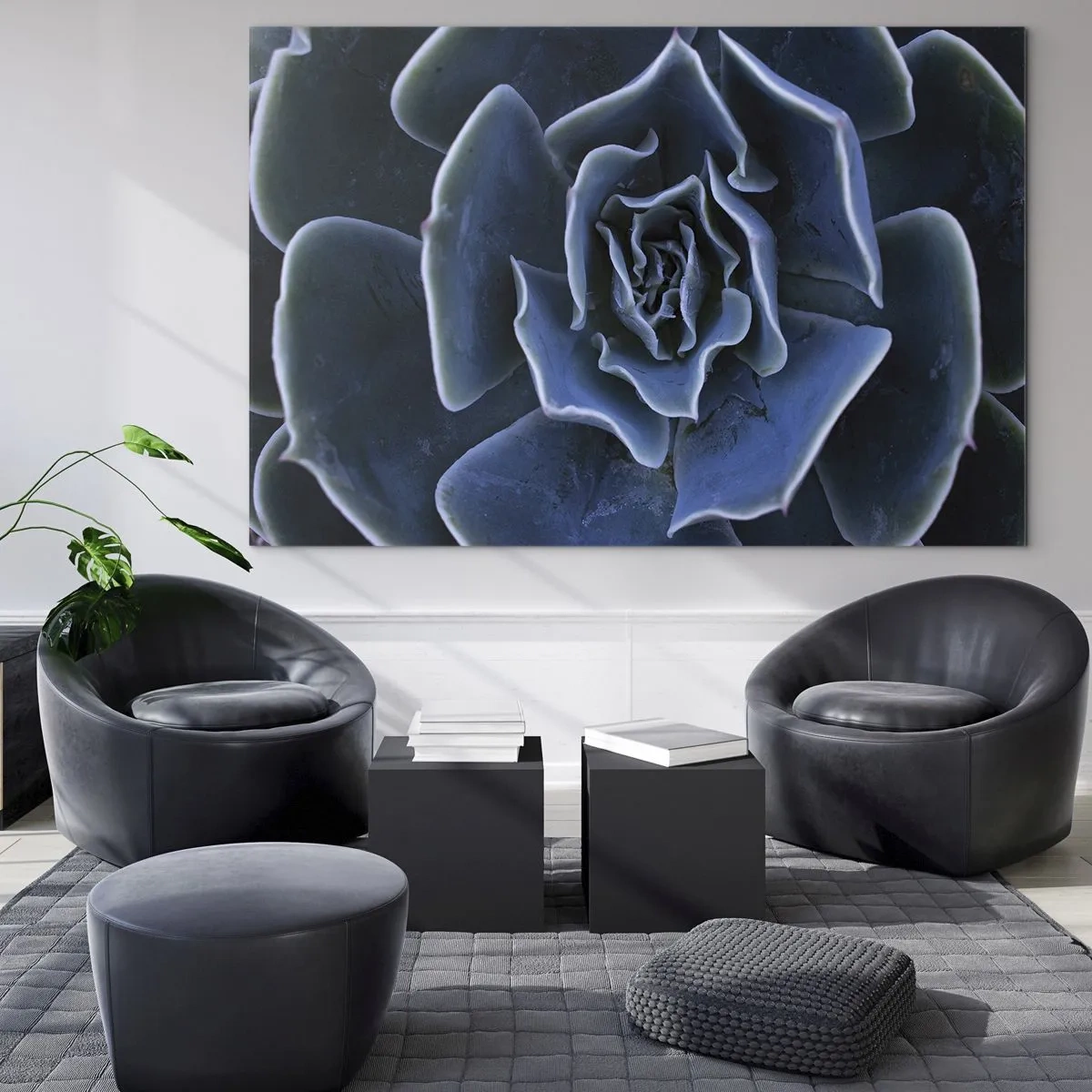 Cuadro sobre vidrio - Impresiones sobre Vidrio - Fotografía macro de una suculenta en tonos de azul frío. - 70x50cm - Flor del desierto - Decoración de pared moderna para salón y dormitorio ARTTOR