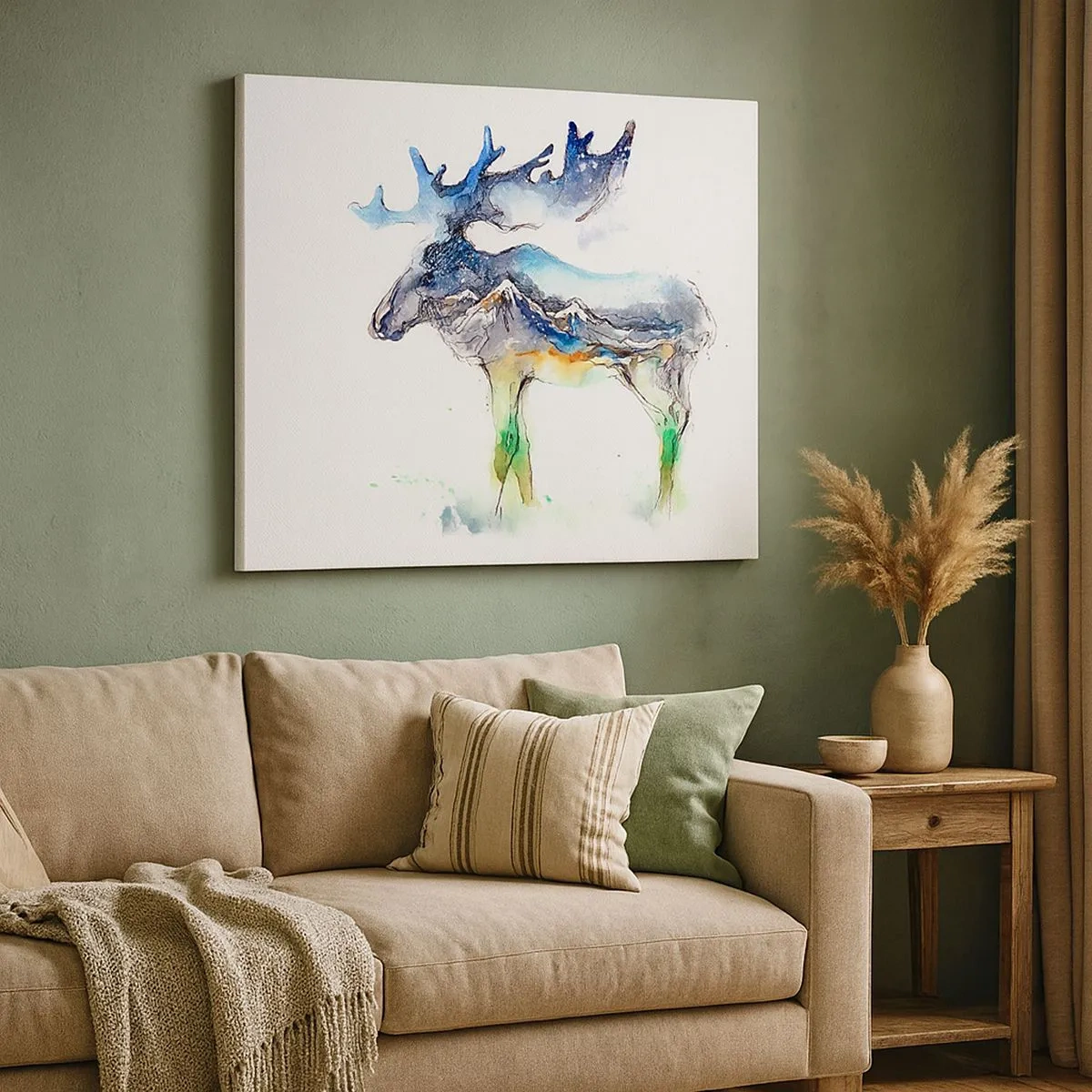 Cuadro sobre lienzo - Impresión de Imagen - Silueta de acuarela de un alce con un paisaje montañoso. - 70x50cm - El héroe de un cuento de invierno - Decoración de pared moderna para salón y dormitorio ARTTOR