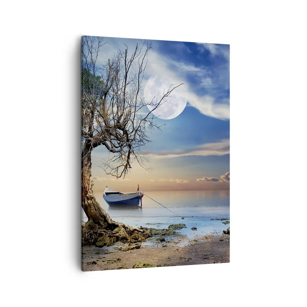 Cuadro sobre lienzo - Impresión de Imagen - Un árbol solitario y un barco en aguas tranquilas bajo la luna llena. - 50x70cm - ¿Es el final o el principio? - Decoración de pared moderna para salón y dormitorio ARTTOR
