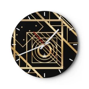 Reloj de pared - Reloj de vidrio - Patrón geométrico dorado sobre fondo negro. - 30x30cm - Geometría dorada - Decoración de pared moderna para salón, cocina y dormitorio ARTTOR