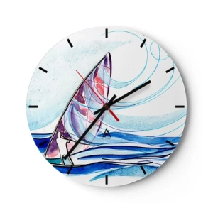 Reloj de pared - Reloj de vidrio - Un velero en un mar tempestuoso en una forma dinámica y abstracta. - 30x30cm - Con el viento al ritmo de las olas - Decoración de pared moderna para salón, cocina y dormitorio ARTTOR