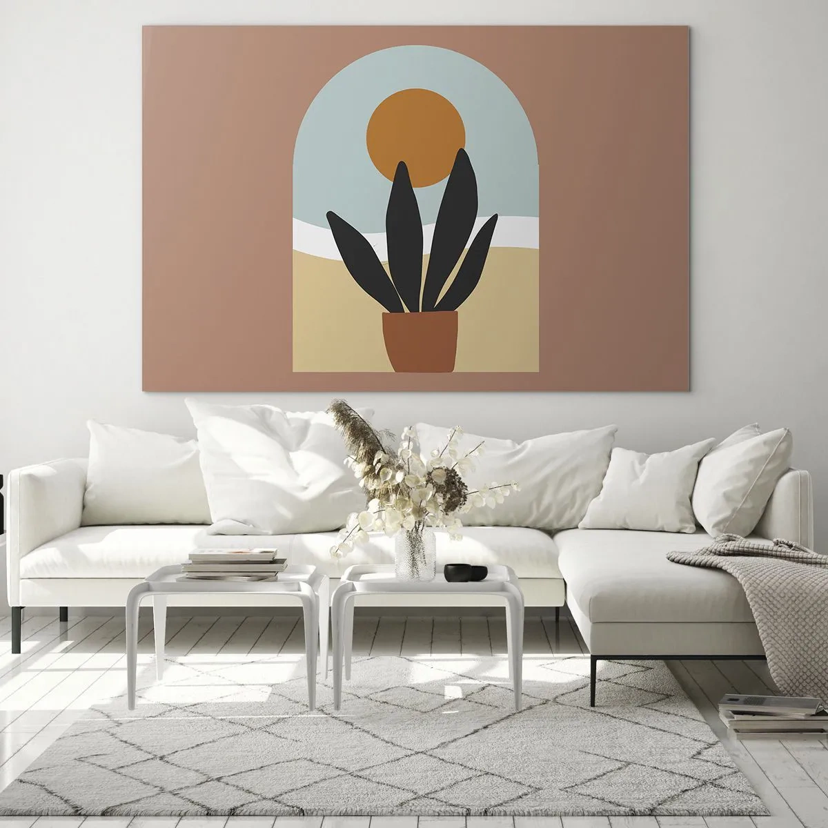 Cuadro sobre vidrio - Impresiones sobre Vidrio - Una escena abstracta con una planta en maceta y el sol al fondo, en colores pastel. - 120x80cm - Pequeñas alegrías - Decoración de pared moderna para salón y dormitorio ARTTOR