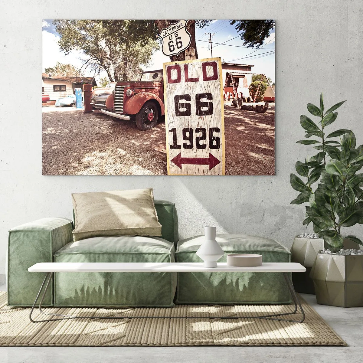 Cuadro sobre vidrio - Impresiones sobre Vidrio - Letrero antiguo y retro de la Ruta 66 - 70x50cm - Una leyenda de la América profunda - Decoración de pared moderna para salón y dormitorio ARTTOR