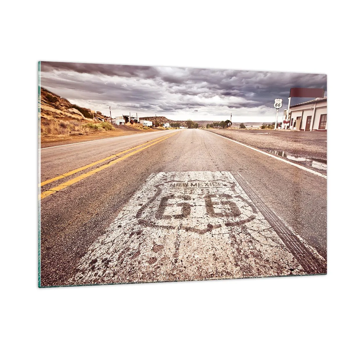 Cuadro sobre vidrio - Impresiones sobre Vidrio - Ruta 66 con vista al horizonte - 120x80cm - Mother Road: una leyenda americana - Decoración de pared moderna para salón y dormitorio ARTTOR