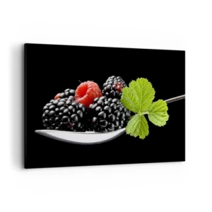 Cuadro sobre lienzo - Impresión de Imagen - Moras y frambuesas en una cuchara con una hoja sobre un fondo negro. - 120x80cm - El sabor de la frescura - Decoración de pared moderna para salón y dormitorio ARTTOR