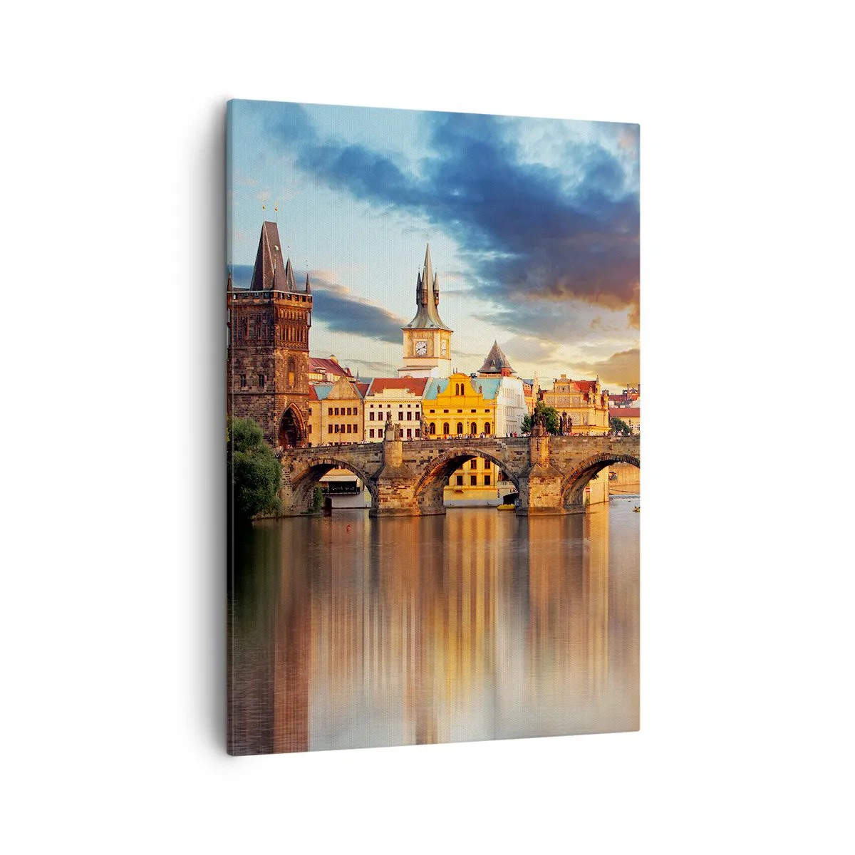 Cuadro sobre lienzo - Impresión de Imagen - El puente histórico sobre el río a la luz del sol poniente. - 50x70cm - La belleza no tiene edad - Decoración de pared moderna para salón y dormitorio ARTTOR