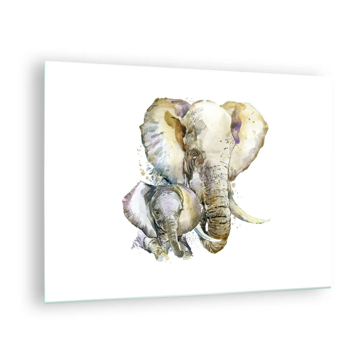 Cuadro sobre vidrio - Impresiones sobre Vidrio - Elefantes artísticos en estilo acuarela sobre un fondo blanco. - 70x50cm - Con nadie como con la madre - Decoración de pared moderna para salón y dormitorio ARTTOR