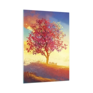 Cuadro sobre vidrio - Impresiones sobre Vidrio - Una figura con el telón de fondo de un cielo colorido y un árbol en colores cálidos. - 50x70cm - Un peregrino en su destino - Decoración de pared moderna para salón y dormitorio ARTTOR