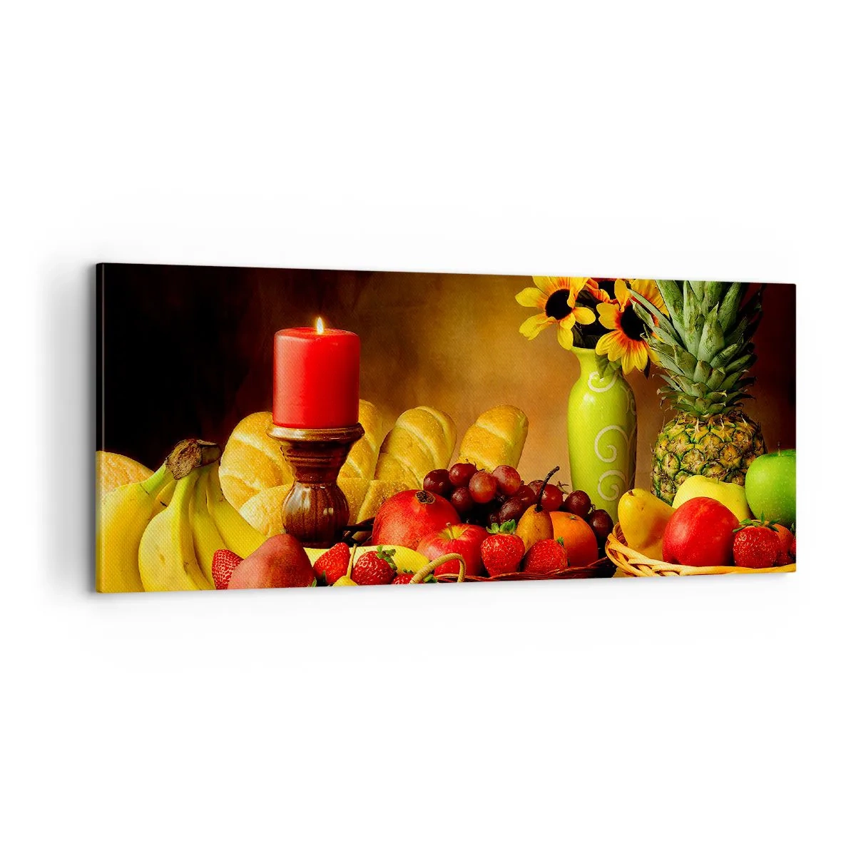 Cuadro sobre lienzo - Impresión de Imagen - Bodegón con pan y fruta - 100x40 cm