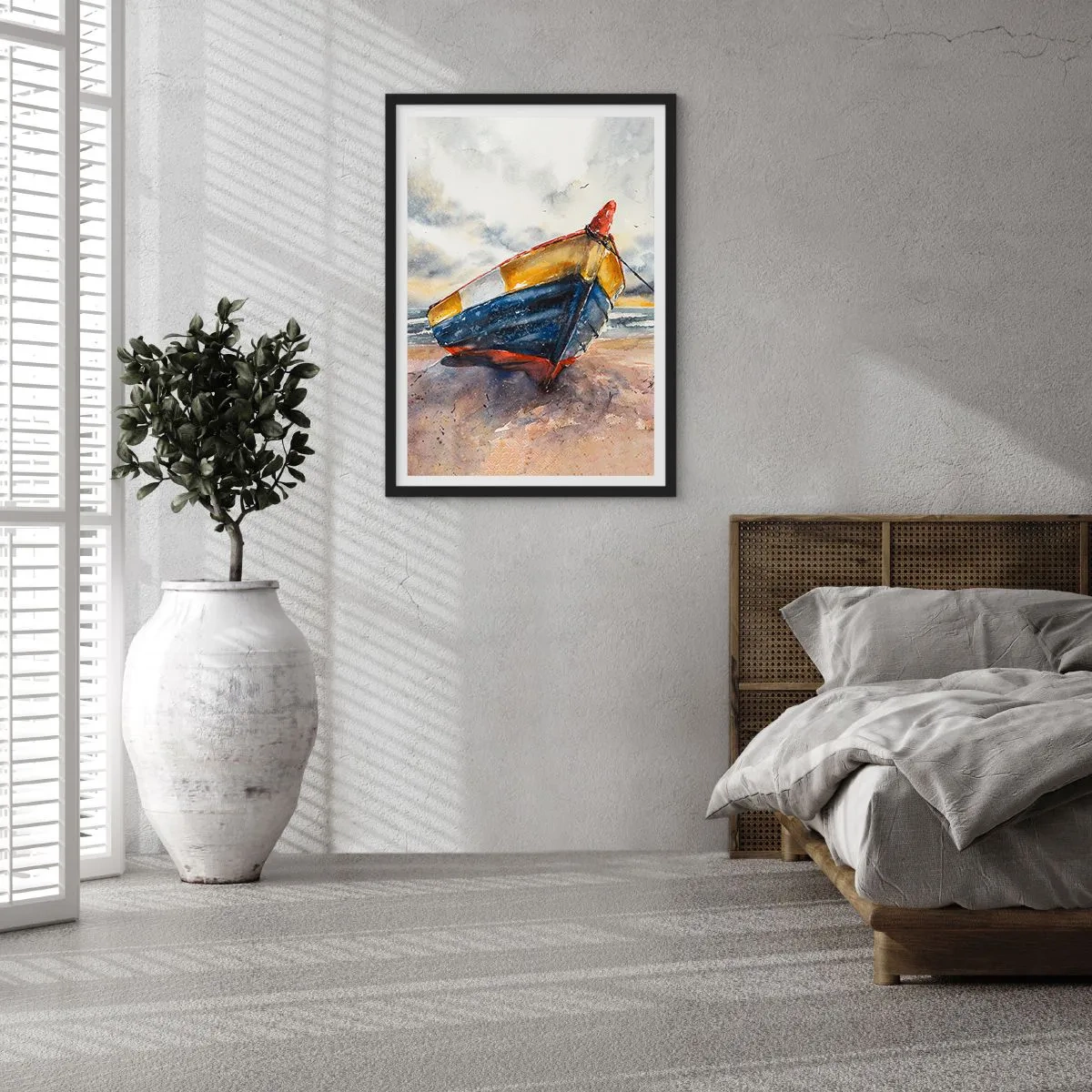 Póster en marco negro - Barco de acuarela en la playa al atardecer - 50x70cm - Descansando en la orilla - Decoración de pared moderna para salón y dormitorio ARTTOR