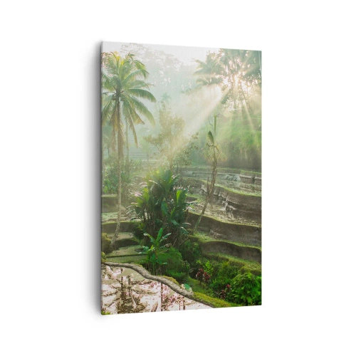 Cuadro sobre lienzo - Impresión de Imagen - Terrazas de arroz con palmeras bajo los rayos del sol - 80x120cm - Crecer bajo el sol - Decoración de pared moderna para salón y dormitorio ARTTOR