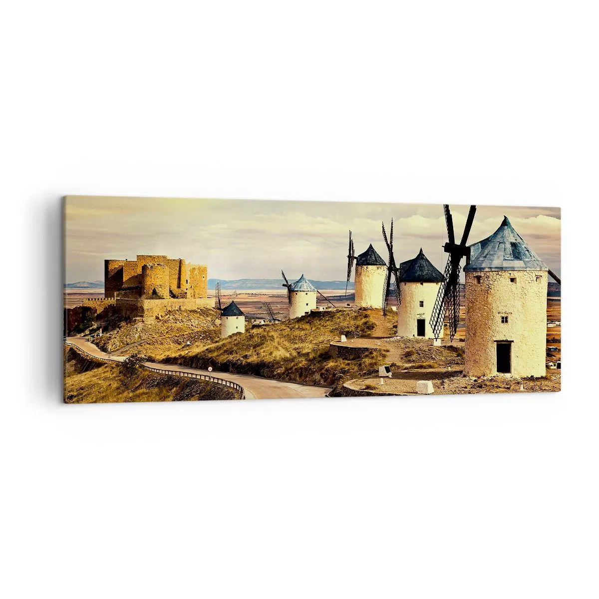 Cuadro sobre lienzo - Impresión de Imagen - Molinos de viento en las colinas con un castillo histórico al fondo - 140x50cm - Don Quijote los vio - Decoración de pared moderna para salón y dormitorio ARTTOR