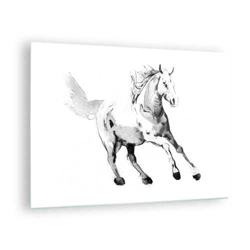 Cuadro sobre vidrio - Impresiones sobre Vidrio - Boceto en blanco y negro de un caballo al galope sobre un fondo blanco. - 70x50cm - Alma indómita - Decoración de pared moderna para salón y dormitorio ARTTOR