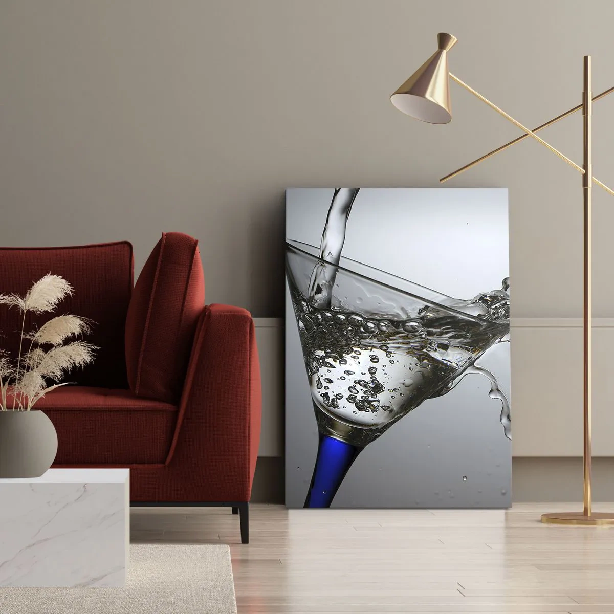 Cuadro sobre lienzo - Impresión de Imagen - Un vaso de agua en movimiento sobre un fondo claro. - 70x100cm - Agua cristalina en vaso de vidrio - Decoración de pared moderna para salón y dormitorio ARTTOR