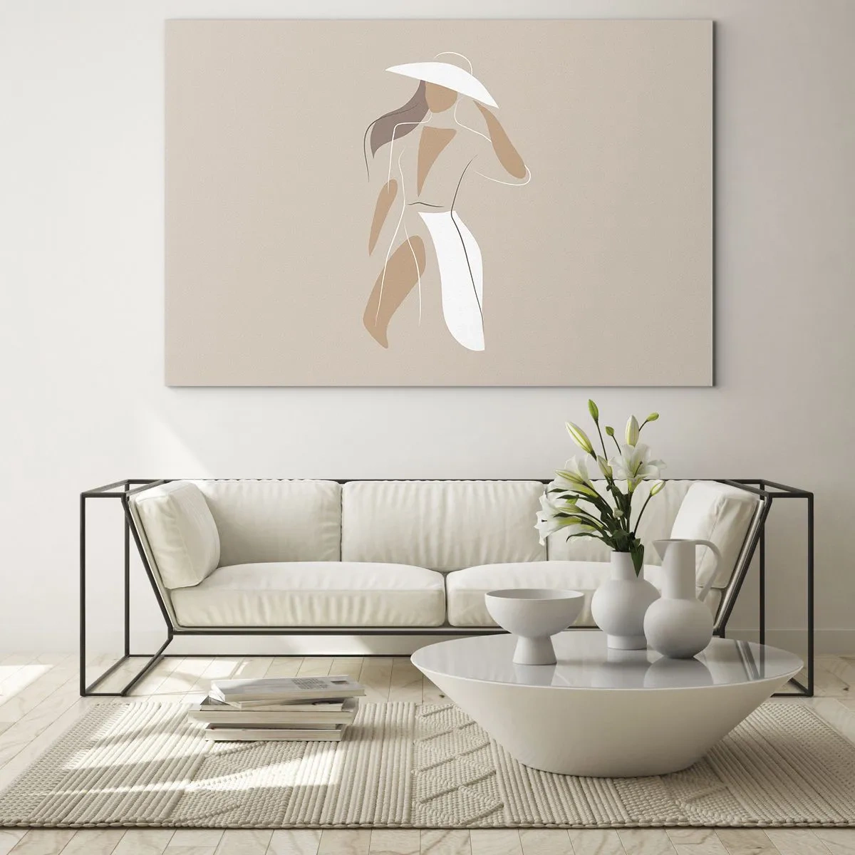 Cuadro sobre vidrio - Impresiones sobre Vidrio - Figura estilizada de una mujer con un sombrero blanco. - 70x50cm - La moda es alegría - Decoración de pared moderna para salón y dormitorio ARTTOR