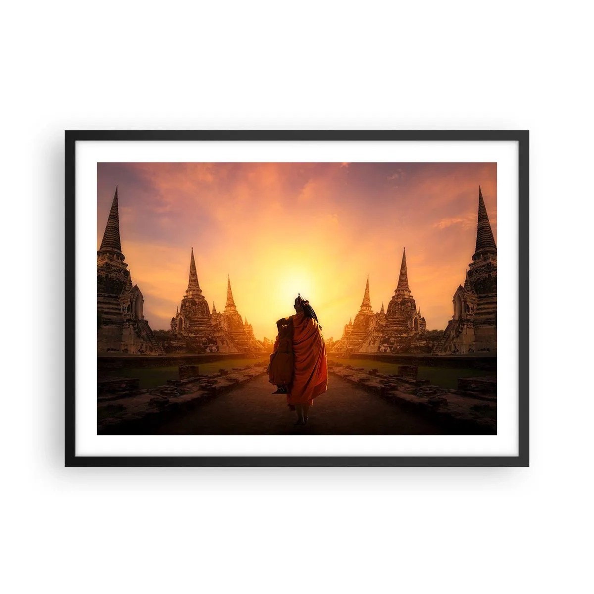 Póster en marco negro - Un monje entre los templos al atardecer. - 70x50cm - En paz por la eternidad - Decoración de pared moderna para salón y dormitorio ARTTOR