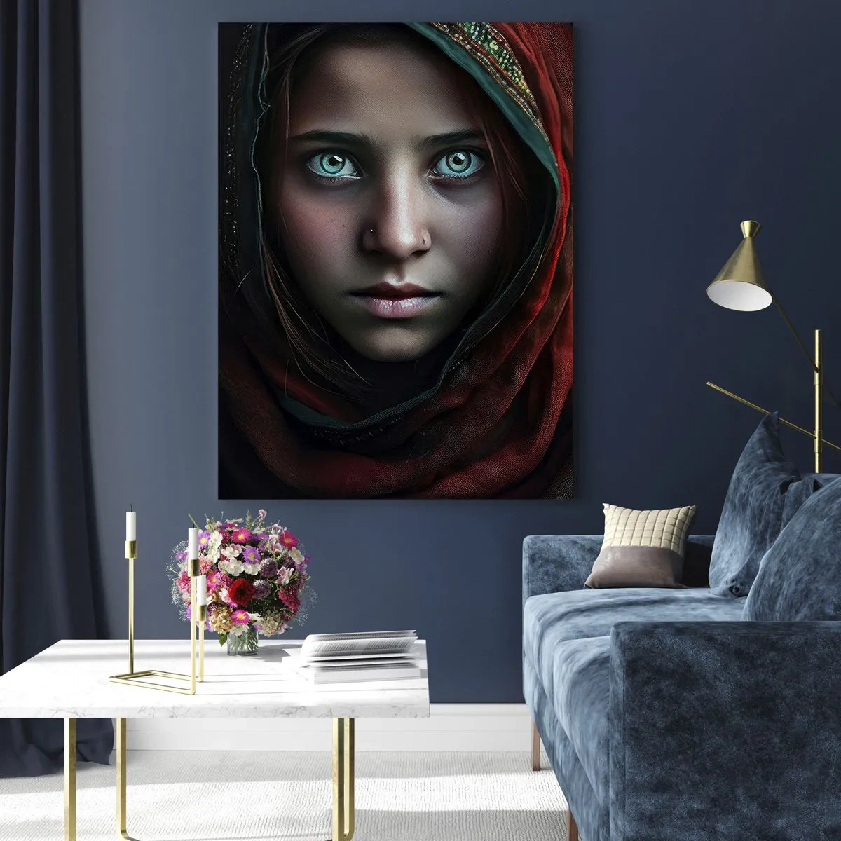 Cuadro sobre vidrio - Impresiones sobre Vidrio - Retrato de una mujer con un pañuelo rojo sobre un fondo oscuro. - 50x70cm - Princesa del Este - Decoración de pared moderna para salón y dormitorio ARTTOR