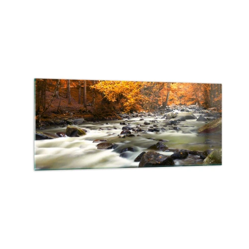 Cuadro sobre vidrio - Impresiones sobre Vidrio - Un arroyo en un bosque otoñal rodeado de hojas doradas. - 120x50cm - Un arroyo en un bosque dorado - Decoración de pared moderna para salón y dormitorio ARTTOR