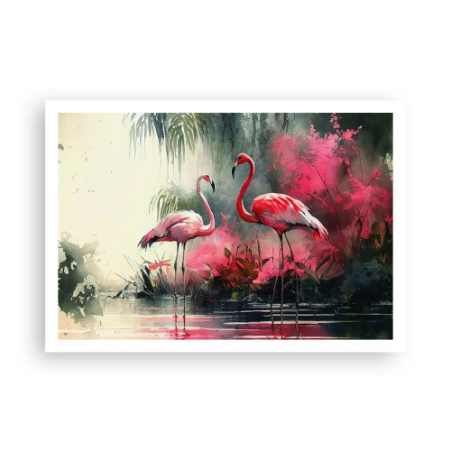 Póster - Flamencos junto al agua rodeados de vegetación. - 100x70cm - Una lección de encanto natural - Decoración de pared moderna para salón y dormitorio ARTTOR