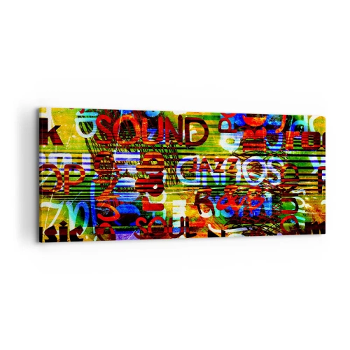 Cuadro sobre lienzo - Impresión de Imagen - Abstracción colorida con inscripciones musicales en estilo pop art. - 120x50cm - Todos los tonos del sonido - Decoración de pared moderna para salón y dormitorio ARTTOR