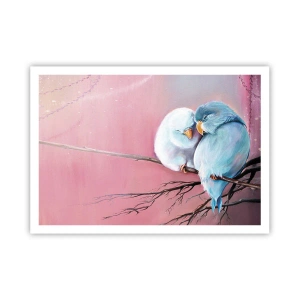 Póster - Dos pájaros enamorados en una rama sobre un fondo rosa. - 100x70cm - Qué añadir aquí... - Decoración de pared moderna para salón y dormitorio ARTTOR