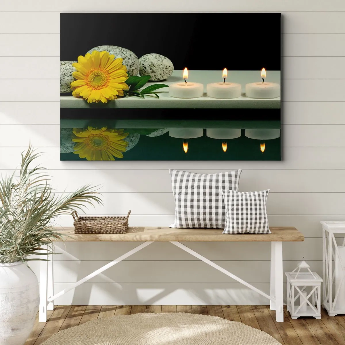 Cuadro sobre lienzo - Impresión de Imagen - Flor amarilla, velas y piedras sobre el fondo del agua. - 70x50cm - Calmar los sentidos - Decoración de pared moderna para salón y dormitorio ARTTOR