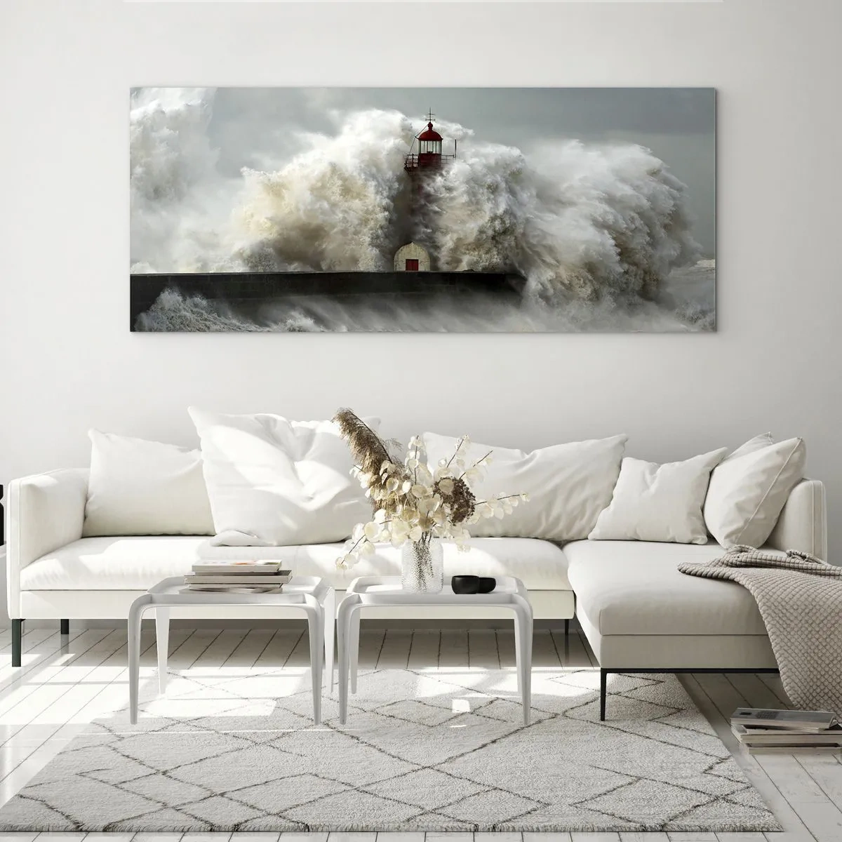 Cuadro sobre vidrio - Impresiones sobre Vidrio - Un faro rodeado de fuertes olas durante una tormenta. - 160x50cm - La furia del océano - Decoración de pared moderna para salón y dormitorio ARTTOR