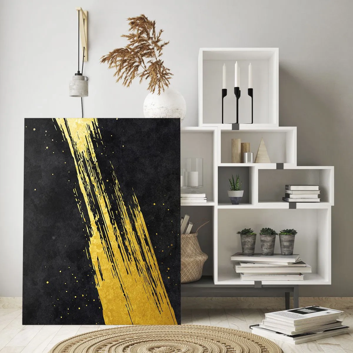Cuadro sobre vidrio - Impresiones sobre Vidrio - Un pincel dorado sobre un fondo negro en una forma dinámica y abstracta. - 50x70cm - Saltar al hiperespacio - Decoración de pared moderna para salón y dormitorio ARTTOR