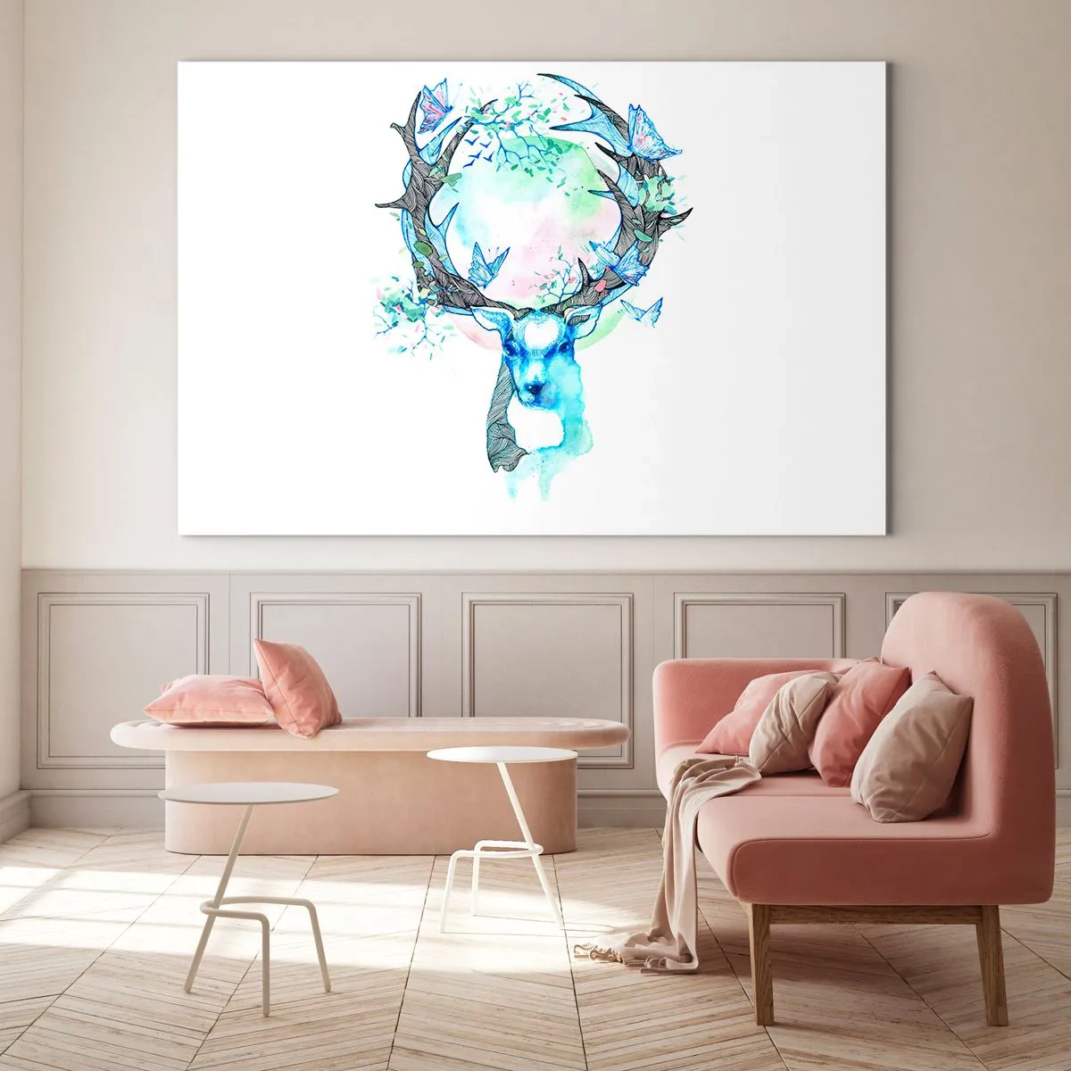 Cuadro sobre vidrio - Impresiones sobre Vidrio - Ilustración de un ciervo con mariposas en sus astas - 120x80cm - La fuerza y la dulzura de la naturaleza - Decoración de pared moderna para salón y dormitorio ARTTOR
