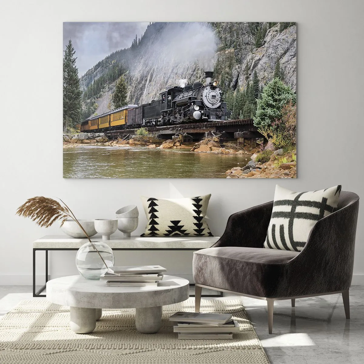 Cuadro sobre vidrio - Impresiones sobre Vidrio - Una locomotora de vapor en un puente en las montañas. - 120x80cm - ¿Adónde me llevas? - Decoración de pared moderna para salón y dormitorio ARTTOR