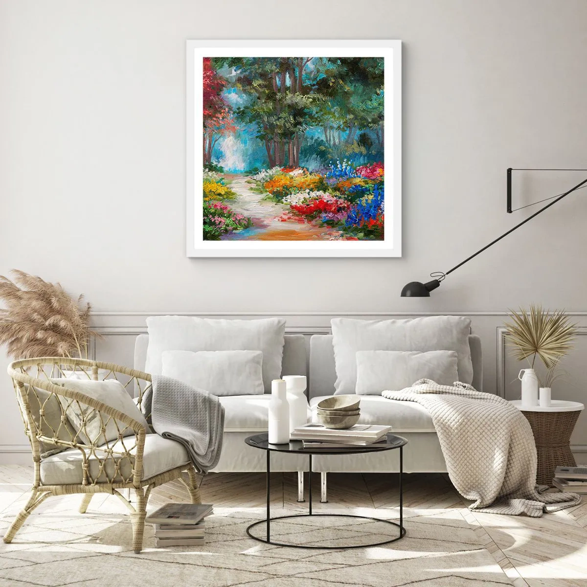 Póster en marco blanco - Jardín forestal, bosque floral - 30x30 cm
