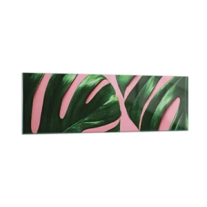 Cuadro sobre vidrio - Impresiones sobre Vidrio - Hojas de monstera verde sobre un fondo rosa - 160x50cm - Cita con el verde - Decoración de pared moderna para salón y dormitorio ARTTOR