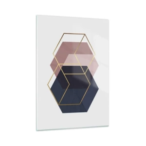 Cuadro sobre vidrio - Impresiones sobre Vidrio - Contornos dorados de cubos sobre un fondo de sólidos azul marino y rosa. - 50x70cm - El poder de la sencillez - Decoración de pared moderna para salón y dormitorio ARTTOR