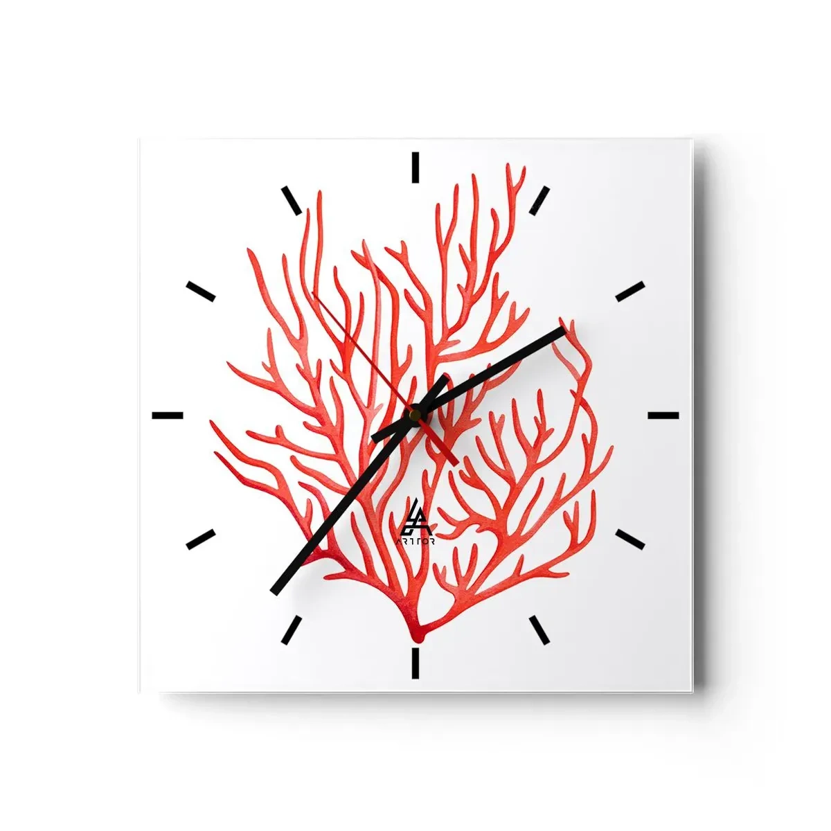 Reloj de pared - Reloj de vidrio - Coral rojo sobre fondo blanco en estilo minimalista. - 30x30cm - Filigrana de coral - Decoración de pared moderna para salón y dormitorio ARTTOR