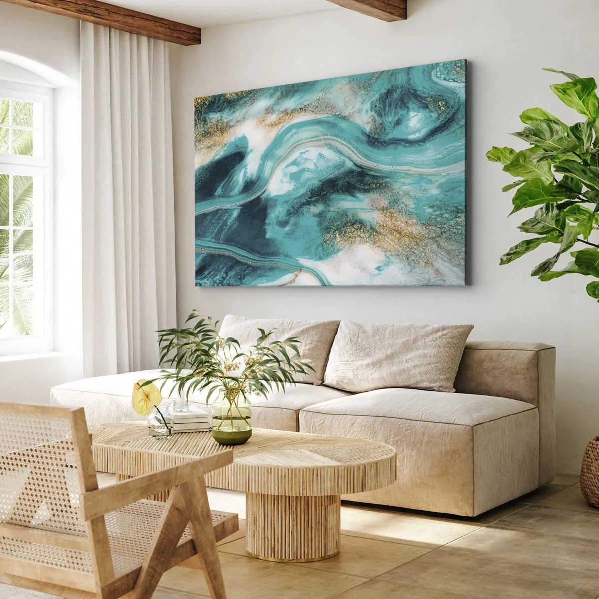 Cuadro sobre lienzo - Impresión de Imagen - Abstracción turquesa con acentos blancos y dorados. - 70x50cm - Río de oro - Decoración de pared moderna para salón y dormitorio ARTTOR