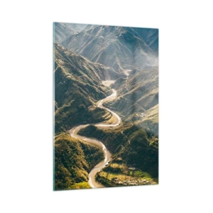 Cuadro sobre vidrio - Impresiones sobre Vidrio - Un camino sinuoso que serpentea a través de verdes valles de montaña. - 50x70cm - Directamente desde el corazón de las montañas - Decoración de pared moderna para salón y dormitorio ARTTOR