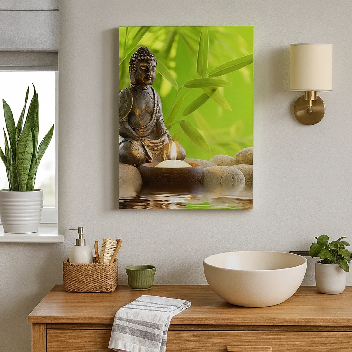 Cuadro sobre lienzo - Impresión de Imagen - Figura de Buda con piedras y una vela sobre un fondo de bambú. - 50x70cm - La vida es bella - Decoración de pared moderna para salón y dormitorio ARTTOR