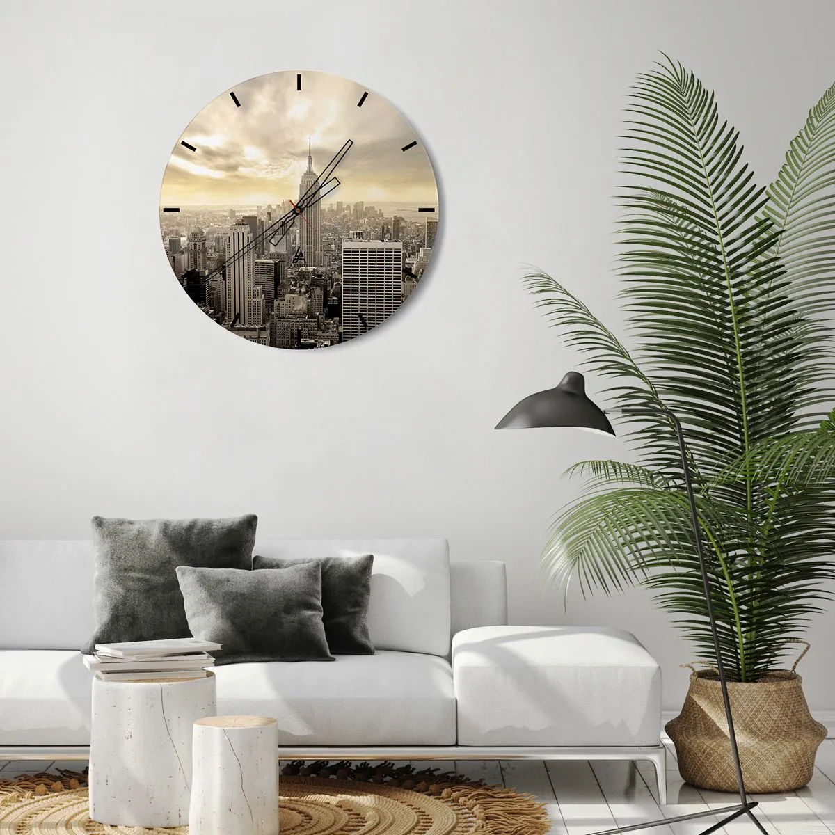 Reloj de pared - Reloj de vidrio - Un panorama de la ciudad con un característico rascacielos en sepia. - 30x30cm - Tejido neoyorquino en tonos grises - Decoración de pared moderna para salón, cocina y dormitorio ARTTOR