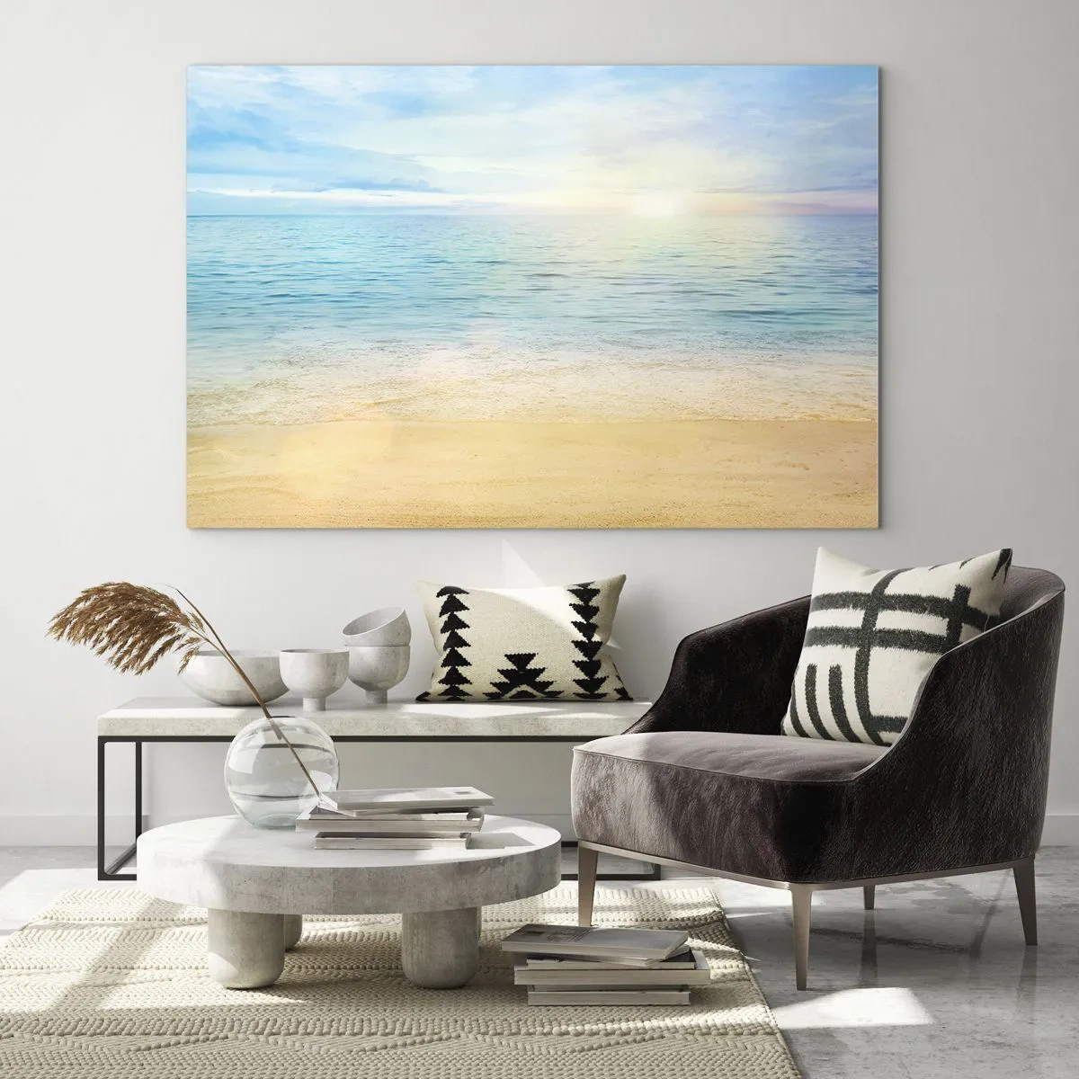 Cuadro sobre vidrio - Impresiones sobre Vidrio - Una playa soleada con mar y cielo azules. - 100x70cm - Gran cielo azul - Decoración de pared moderna para salón y dormitorio ARTTOR
