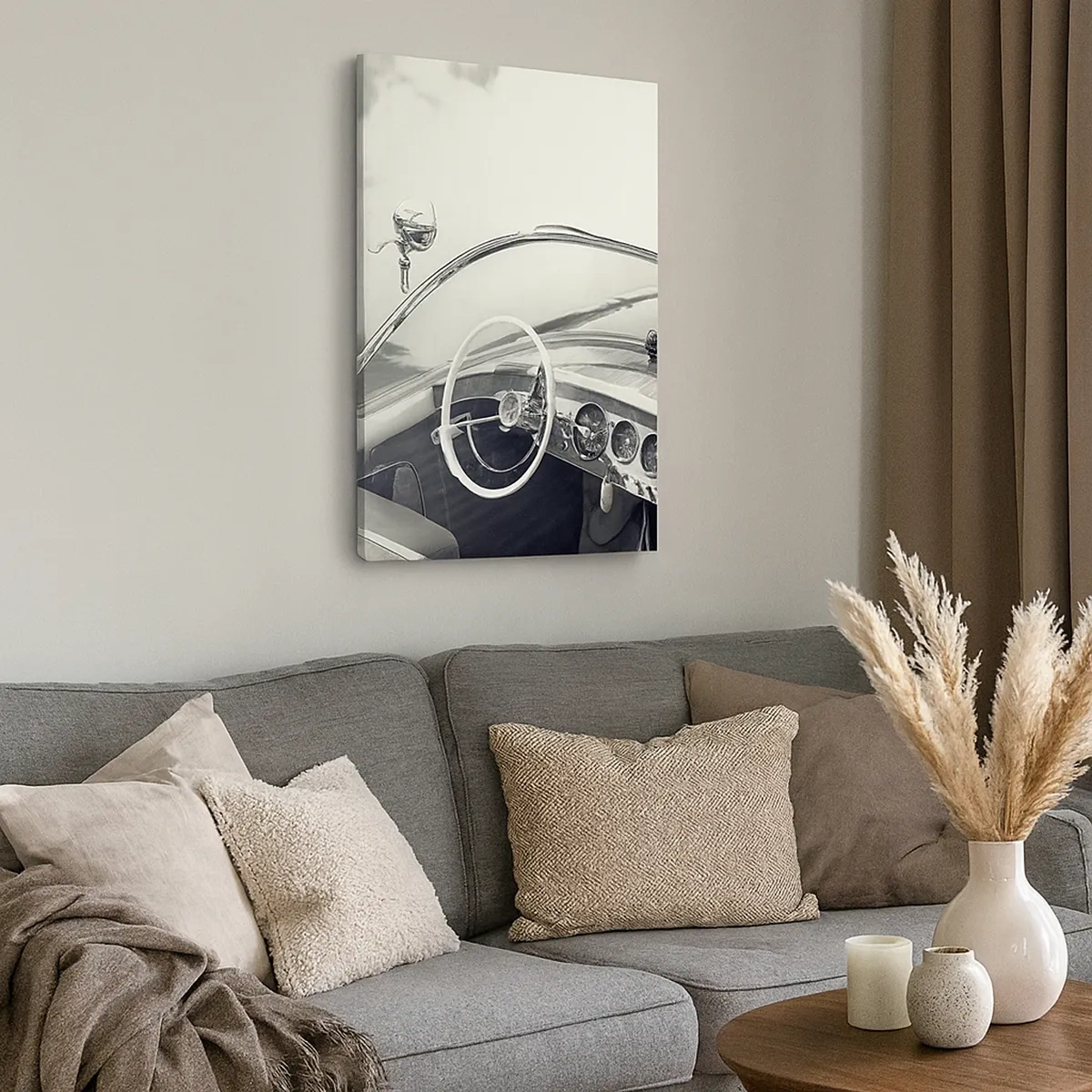 Cuadro sobre lienzo - Impresión de Imagen - Interior de coche clásico en estilo monocromático. - 50x70cm - Tiempo para los ricos - Decoración de pared moderna para salón y dormitorio ARTTOR